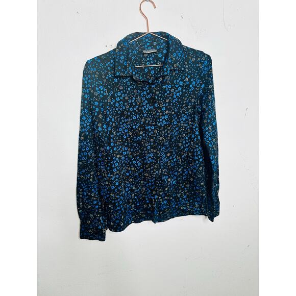 STINE GOYA Black Blue Metallic Button Front Floral Lucian Long Sleeve Top sz XS - Picture 3 of 15